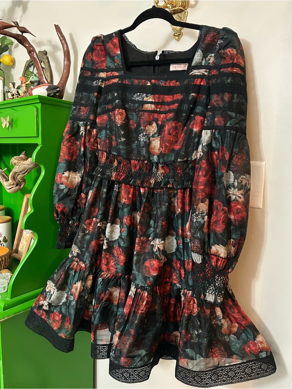 Ivy City Co Black Floral Smocked Waist Puff Sleeve Dress